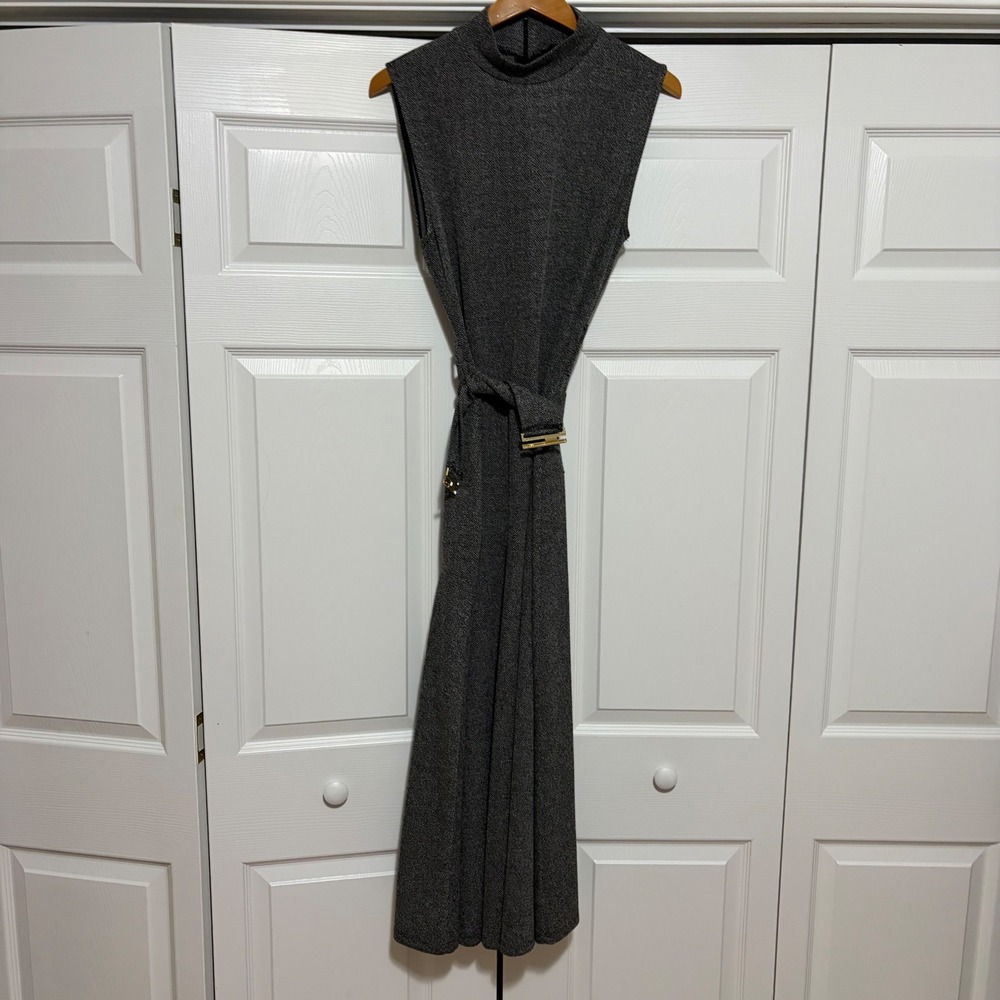 Zara Herringbone Fit and Flare Dress Women L Grey Business Fall Preppy Core Midi